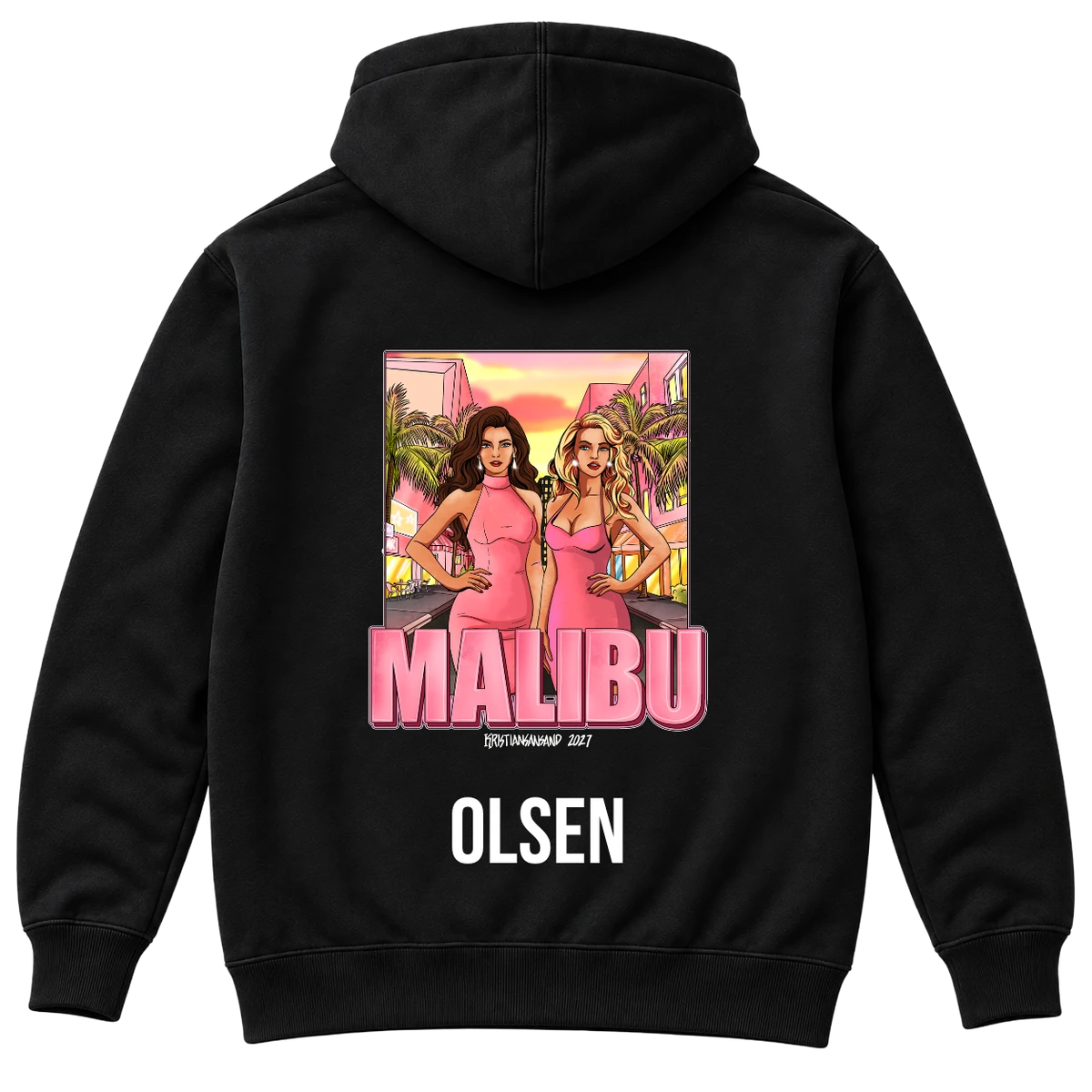 Sort hettegenser med stor Malibu-logo på ryggen og etternavnet OLSEN under. Rene ermer uten navn.