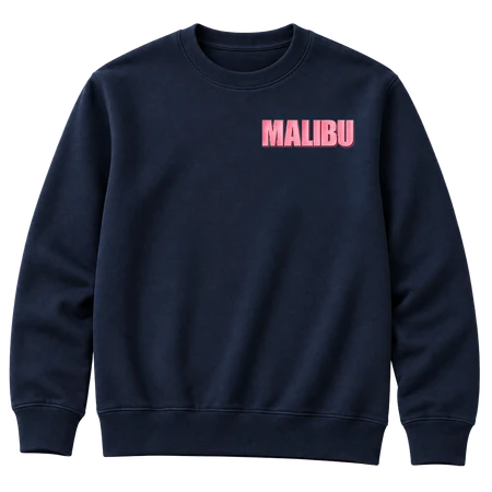 Marineblå collegegenser med Malibu-trykk på venstre bryst.